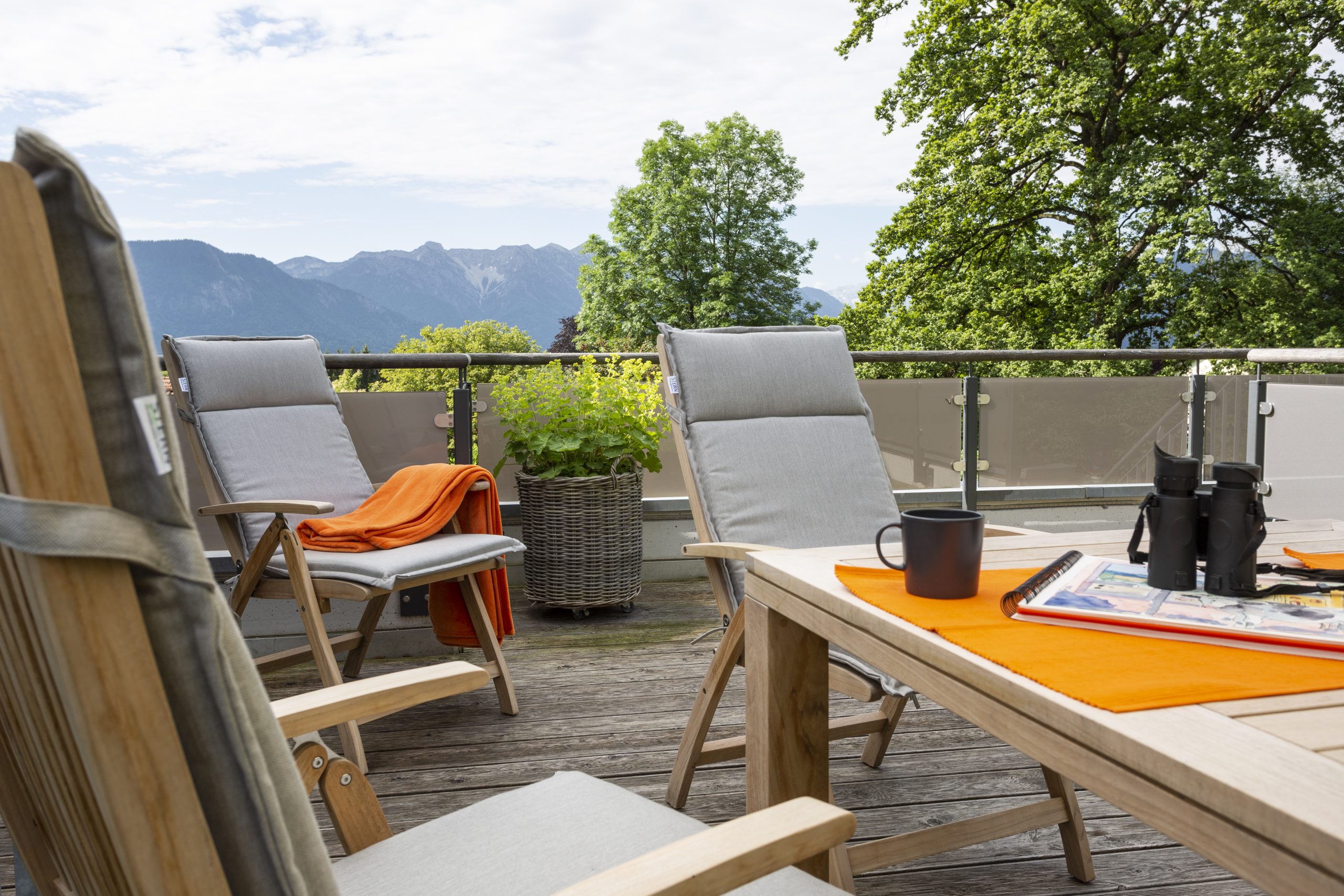 Dachterrasse Ferienwohung DAS SCHELLENWIE mit Blick auf Gebirgspanorama